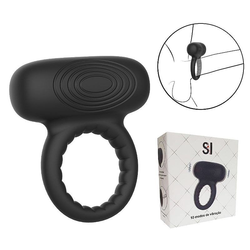 Anel peniano com vibrador e estimulador de clitóris em silicone – SI