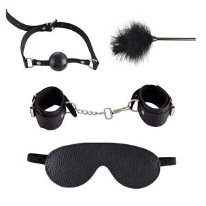 Kit Sado Erótico Bondage 4 Peças: Venda, Algema, Mordaça e Pena